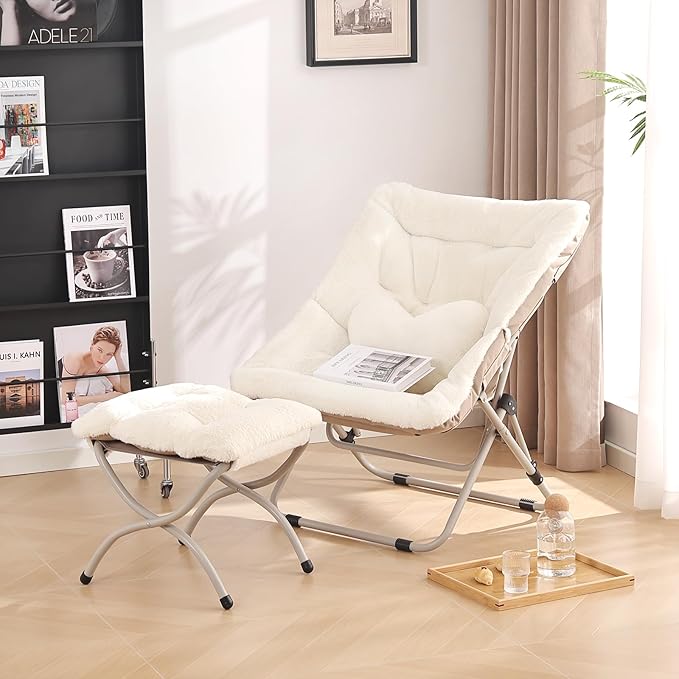 Saucer Chair with Ottoman, Comfy Oversized Folding Chair, Faux-Fur Reading Chair for Adults, Foldable Accent Lazy Chair, Metal Frame Chair for Living Room, Bedroom, Beige