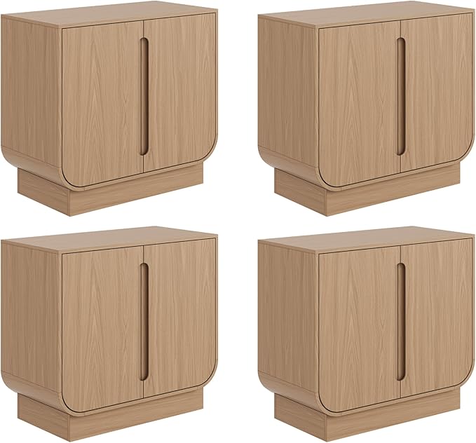Nathan James Joey Mid Century Modern Storage Cabinet, Arched Accent Cabinet with Rounded Bottom Edges and Integrated Door Pull Cutouts, Raw Oak Set of 4
