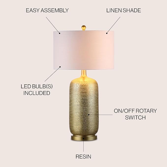 JONATHAN Y 30" Gold Modern Resin Table Lamp, Glam Contemporary Bedside Lamp with White Linen Drum Shade for Living Room Bedroom Nightstand, UL Listed, LED Bulb Included JYL1017A