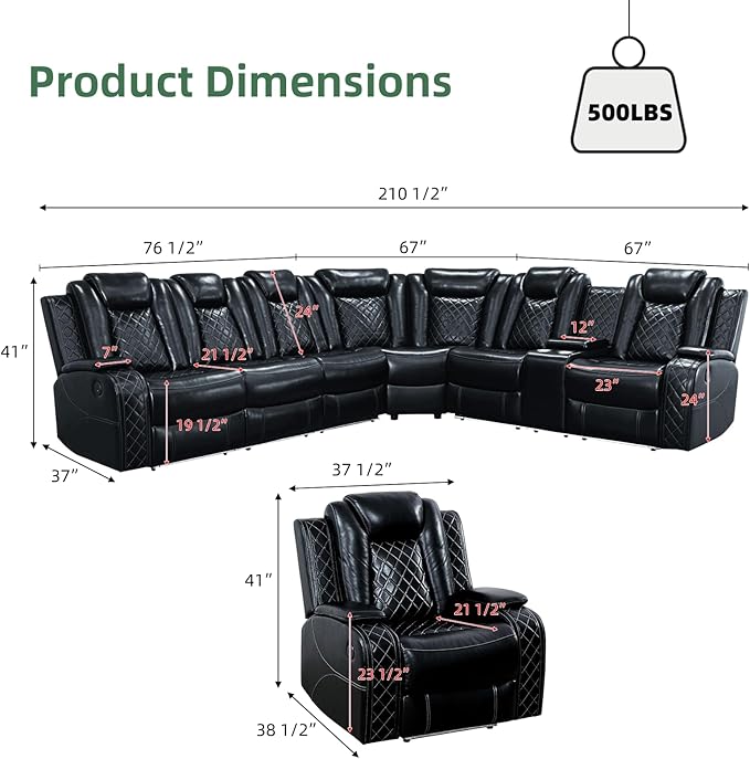 Power Reclining Sectional Sofa Set, Leather Sectional Couch with LED Lights, USB Ports, Storage Console & Cup Holders, L-Shaped Living Room Furniture for Home Theater