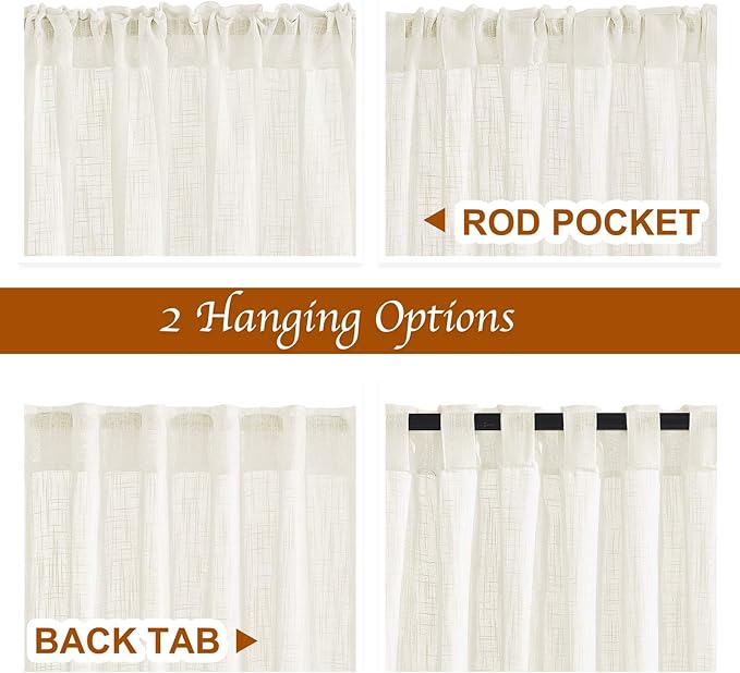 NICETOWN Faux Linen Sheer Curtains 80 inch Length for Doorway, Rod Pocket & Back Tab Semi Sheer with Light Through Window Treatments for Farmhouse/Bedroom, Natural, W34 x L80, Set of 2