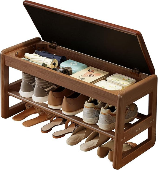 AQIMUELE Shoe Rack Bench,2 Tiers Shoe Bench with Storage with Flip-Top,Wood Shoe Rack for Entryway,Hallway（Orange Upholstered Seat）