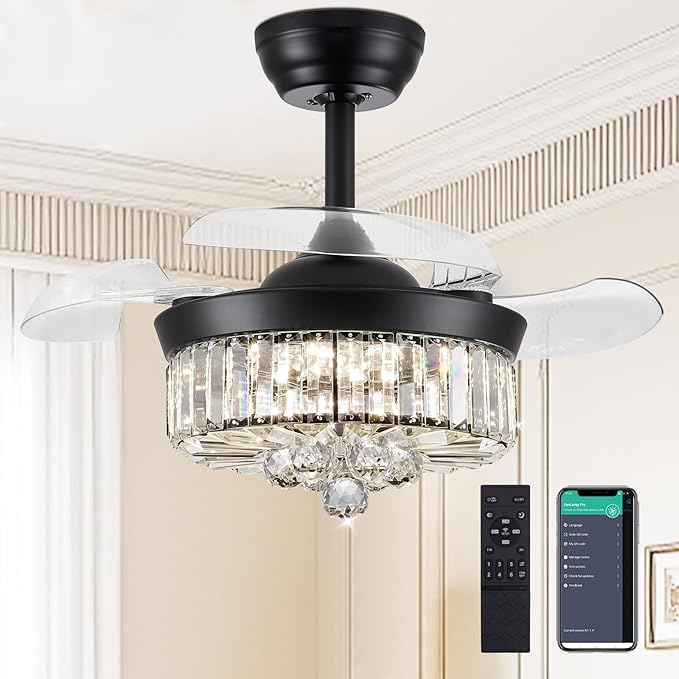 DuMaiWay 30" Chandelier Ceiling Fan with Light Crystal Fandelier Modern Reversible Ceiling Fan Dimmable Retractable Timer Remote APP Control for Dining Living Room Bedroom Black