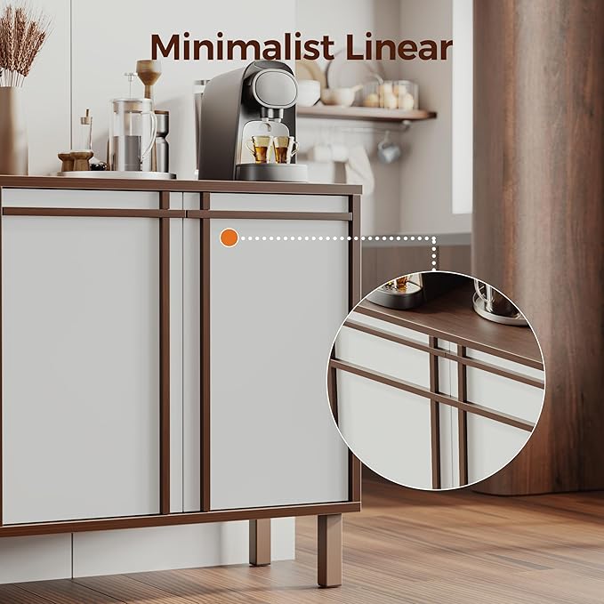 Sideboard Buffet Cabinet with Storage, 2 Doors, Adjustable Shelves, Wooden Mid Century Coffee Bar Cabinet for Entryway, Living Room, Kitchen, Walnut/White