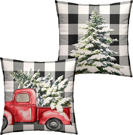 Christmas Black and White Check Pillow Covers 20 x 20 Set of 2 Buffalo Plaid Pillow Cover Christmas Tree Red Truck Pillow Protector Winter Holiday Decorations for Living Room