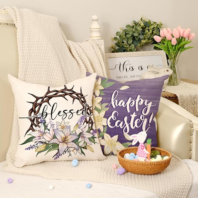 GEEORY Happy Easter He is Risen Throw Pillow Covers 16x16 Inch Set of 4, Cross Flower Wreath Blessed Spring Decorative Farmhouse Holiday Cushion Case for Home Decoration (Purple) G680-16
