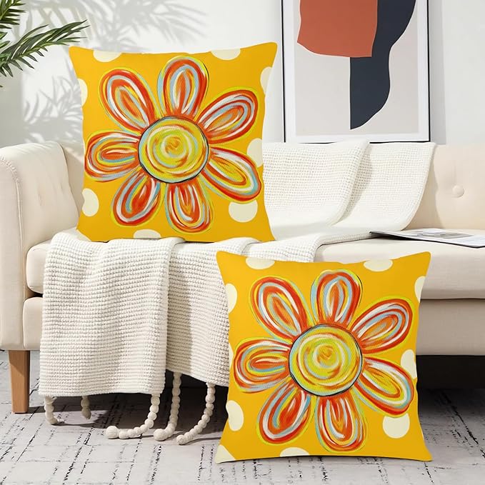 Summer Floral Pillow Covers 18x18 Set of 2 Yellow Daisy Polka Dots Outdoor Throw Pillows Spring Watercolor Flower Farmhouse Pillow Case Seasonal Decoration for Home Sofa Couch Porch