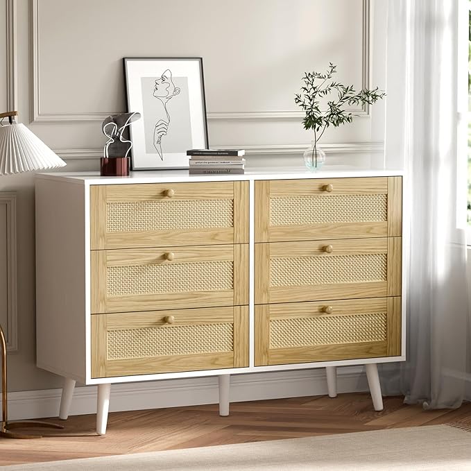 6 Drawer Rattan Dresser for Bedroom, Wooden Dresser Chest with Handles for Bedroom, Living Room and Hallway, White