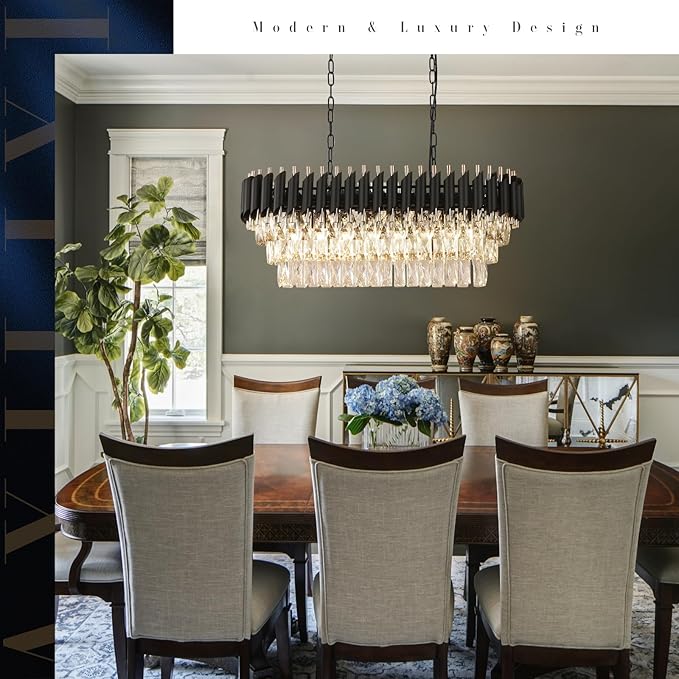 Modern Rectangular Chandelier Black and Gold Crystal Chandeliers for Dining Room Linear Ceiling Pendant Light Long 32” Luxury Oval Chandelier 8 Lights for Kitchen Island Living Room