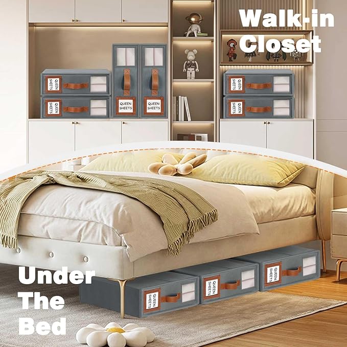 GhvyenntteS 12 Pack Bed Sheet Organizers and Storage, Sturdy Bed Sheet Organizer with Zipper and Handle, Foldable Linen Closet Organizers and Storage with Window and Label, Grey