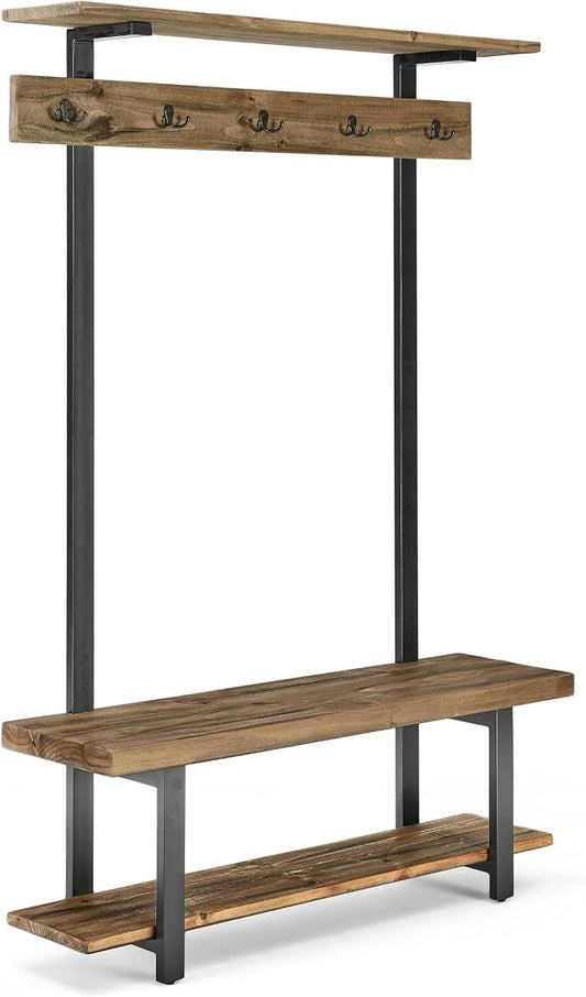 Alaterre Furniture Pomona Entryway Organizer – Modern Farmhouse 48-Inch Solid Wood Hall Tree with Bench, Shelves & Metal Coat Hooks – Mudroom & Foyer Storage for Jackets, Bags & Shoes (Rustic Brown)