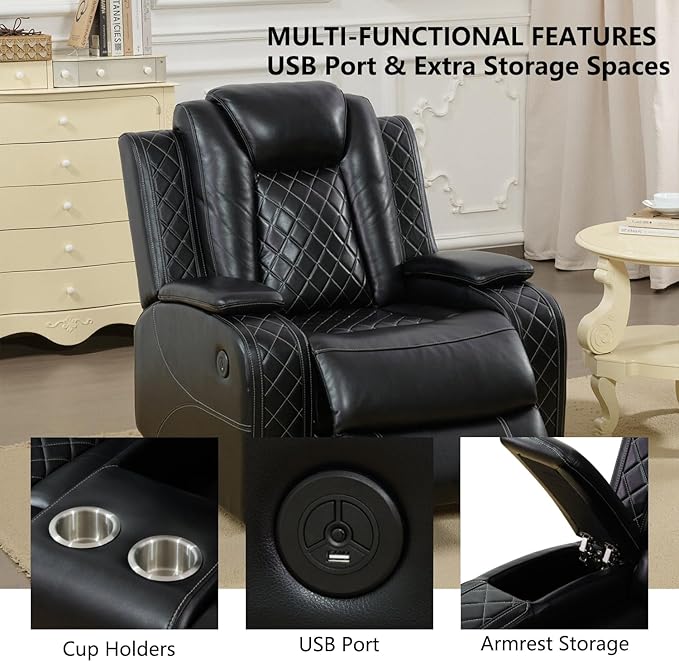Power Recliner with LED, Black Leather Reclining Chair for Living Room, Muti-Functional Recliner with Storage Armrest/USB Ports for Living Room/Bedroom/Office