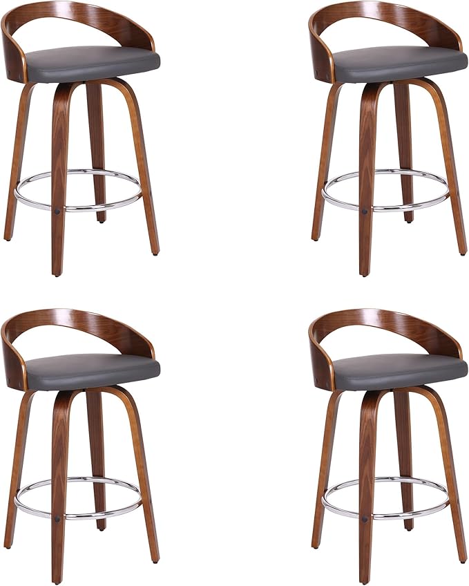 Armen Living Sonia 26" Counter Height Swivel Gray Faux Leather and Walnut Wood Bar Stool - Set of 4