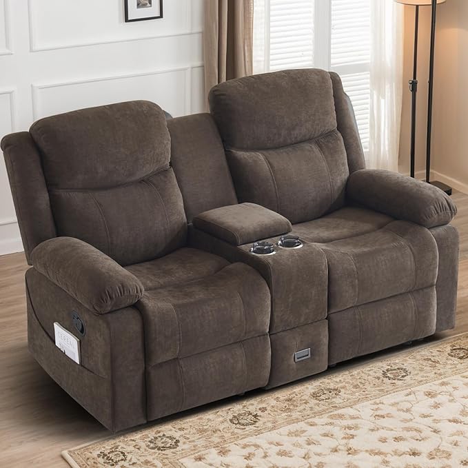 Reclining Loveseat with Console, Loveseat Recliner Sofa with Massage & Heating, RV Wall Hugger Double Loveseat Recliner Couch for Living Room & Home Theater (Chenille-Brown-2)
