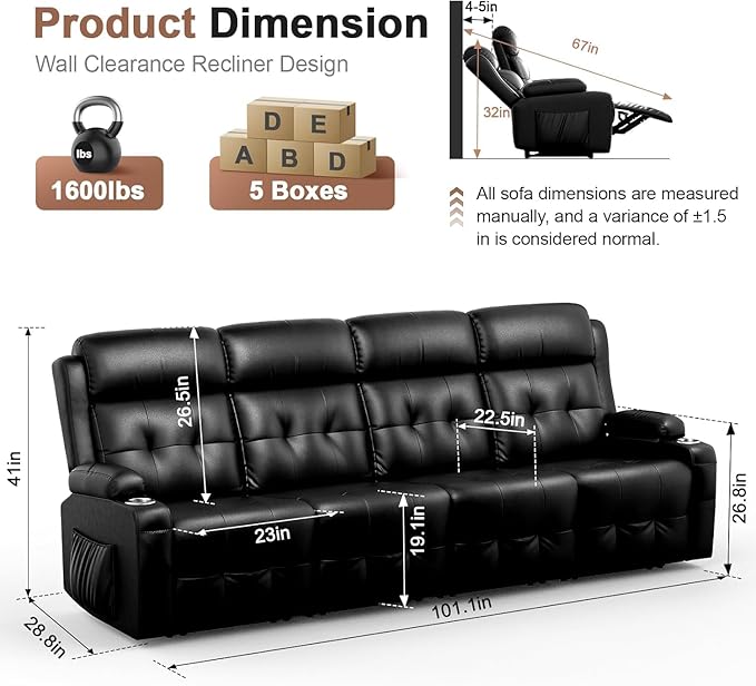 Recliner Sofa, Massage Reclining 4 Seater Sofa Sets Heavy Weight Capacity, RV Loveseat Couch Clearance with Storage, Cup Holders, Wall Hugger Recliners for Living Room & RV Campers