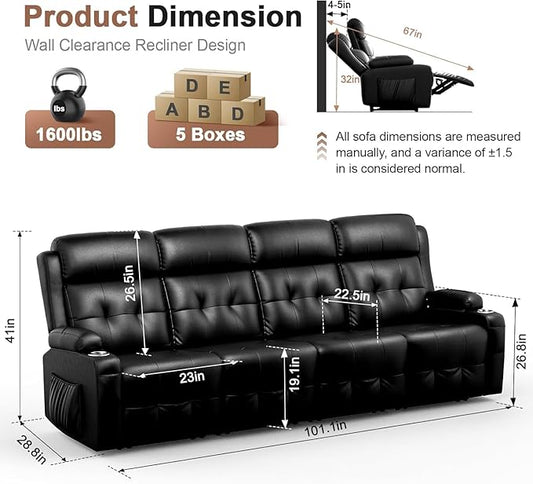 Recliner Sofa, Massage Reclining 4 Seater Sofa Sets Heavy Weight Capacity, RV Loveseat Couch Clearance with Storage, Cup Holders, Wall Hugger Recliners for Living Room & RV Campers
