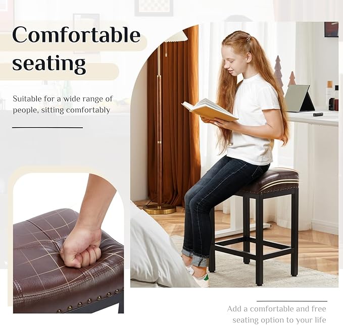 Bar Stools Set of 4, Upholstered Counter Height Stools with Padded Seats and Metal Base, Leather Saddle Stool for Modern Kitchen Island, 22.4-Inch, Brown