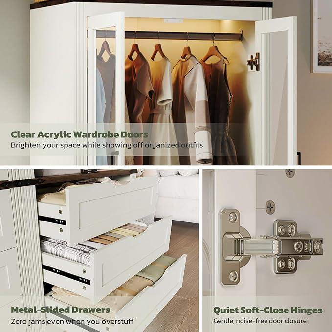 Concho 73'' Tall Farmhouse Armoire Wardrobe Closet with LED Light, Wood Wardrobe Closet with 2 Doors 3 Drawers, Freestanding Bedroom Armoire Clothing Storage Cabinet, White