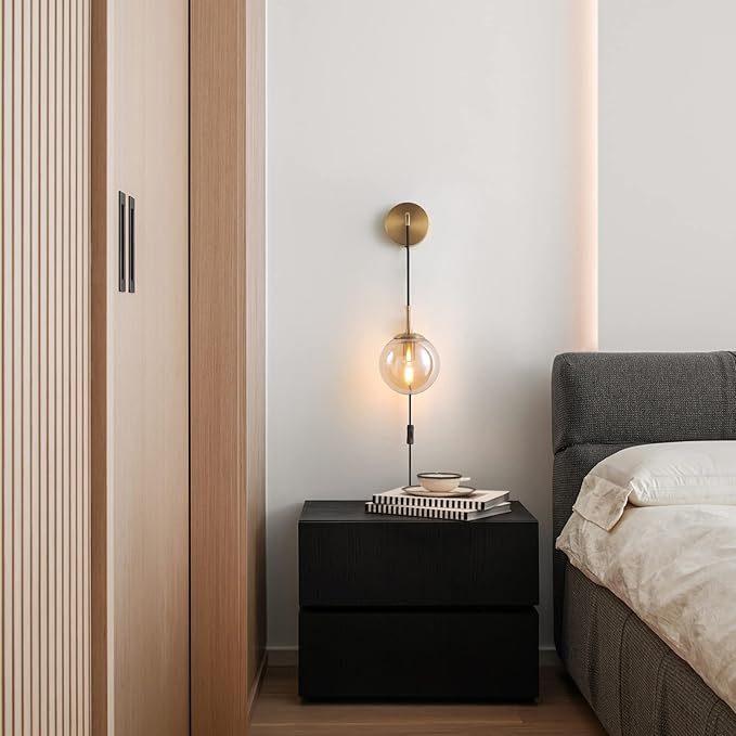 Wall Sconces Set of Two Plug in Wall Sconces with Globe Amber Glass Shade Wall Lamp with Cord Wall Sconce Plug in Brushed Brass Gold Sconces Set of 2 Wall Light Sconce