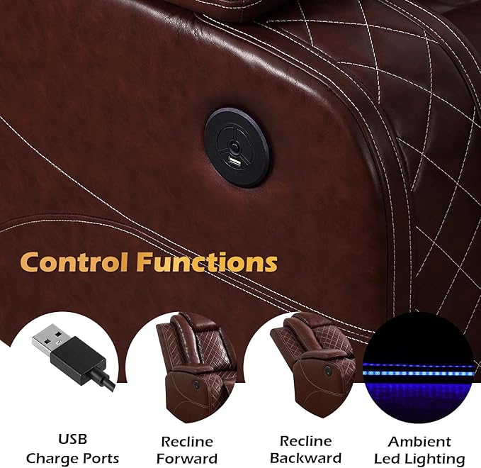 Power Leather Recliner Sofa Set with LED Light,Reclining Loveseat and Chair Set with USB,Leather Couch Set for Loveseat with Storage Console/Single Recliner 2 PCS for Living Room(Red,2+1)