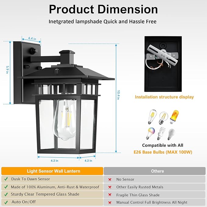 Dusk to Dawn Outdoor Lighting, Waterproof Exterior Wall Sconce Fixture for House, 100% Anti-Rust Aluminum Modern Outside Lights Fixtures Wall Mount for Porch, Garage, Front Door Black