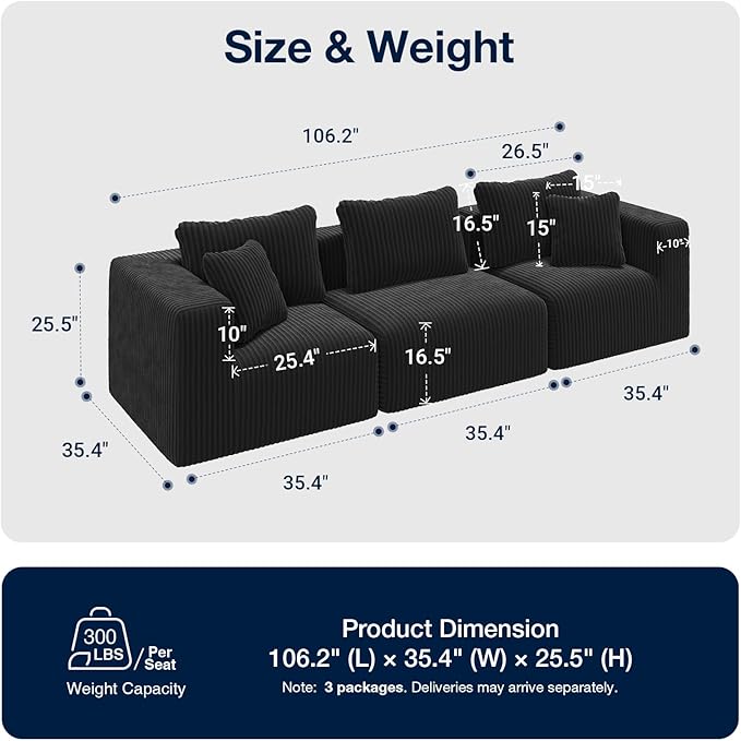 Avenco 106” 3-Seater Modular Sofa Couch, Individually Wrapped Coil Support & Corduroy Fabric, Zero Assembly 3-Piece Set for Apartment, Black