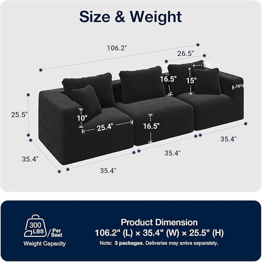Avenco 106” 3-Seater Modular Sofa Couch, Individually Wrapped Coil Support & Corduroy Fabric, Zero Assembly 3-Piece Set for Apartment, Black