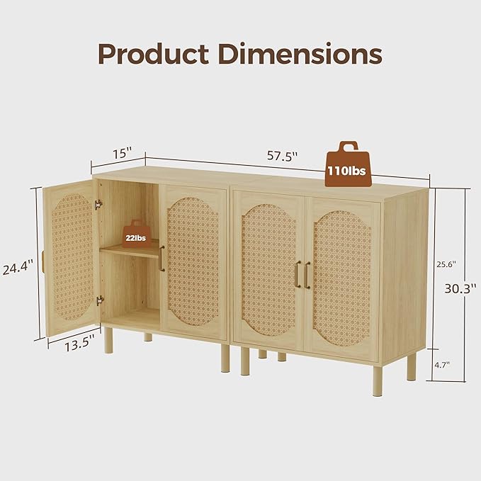 Buffet Cabinet with Storage, Imitation Rattan Arched Sideboard with Adjustable Shelves, Coffee Bar Cabinet for Kitchen, Living Room, Hallway, Entryway, Oak, 2 PCS