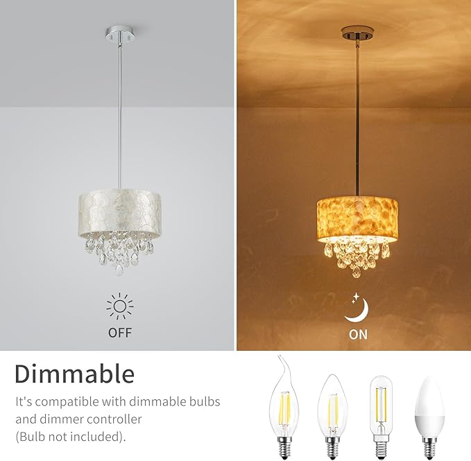 Small 3-Light Drum Capiz Shell Crystal Chandeliers, Coastal Style Pendant Light Fixture for Dining Room, Living Room, D12 x H19~49"(Adjustable), Shell Lampshade & Chrome Finish