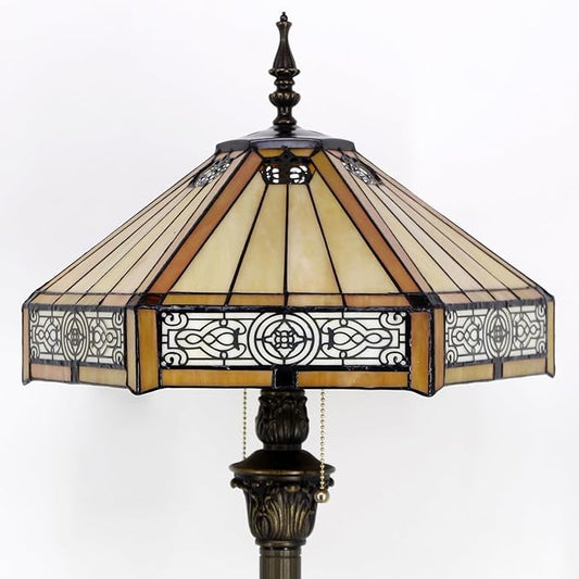 WERFACTORY Tiffany Floor Lamp Yellow Hexagon Stained Glass Mission Standing Reading Light 16X16X64 Inches Antique Pole Corner Lamp Decor Bedroom Living Room Home Office S011 Series