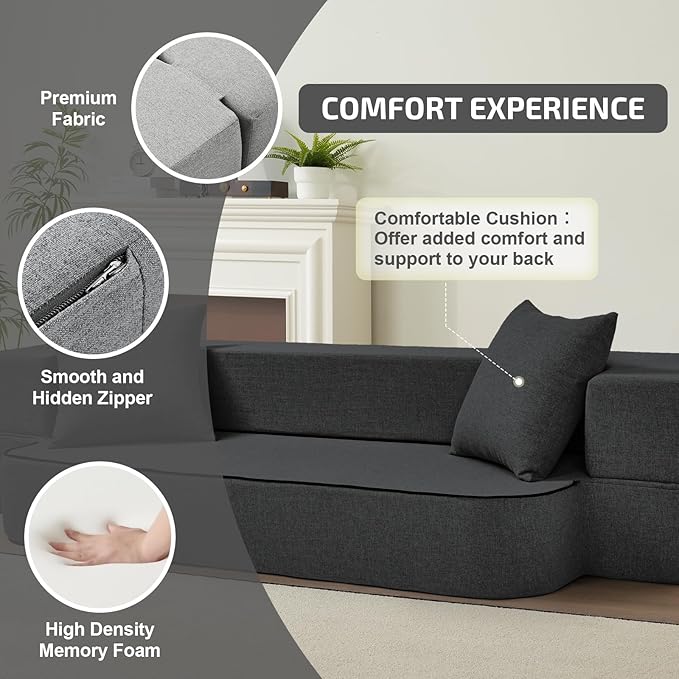 SUYOLS 2-in-1 Folding Sofa Bed with Pillows - Folding Chair Floor Couch & Sleeping Mattress - Washable Cover & Memory Foam Sleeper Chair for Living Room/Guest Room/Apartment/Loft, Dark Gray, Twin XL