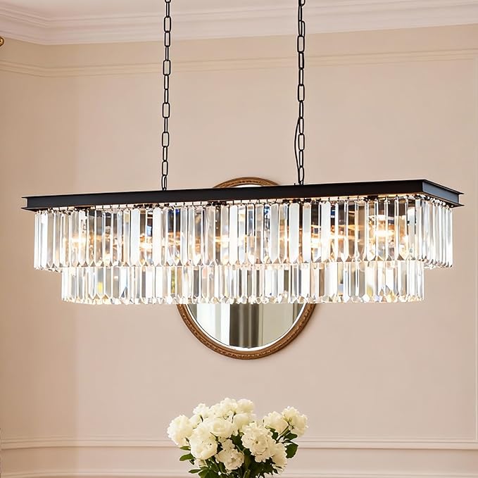 Rectangle Crystal Chandelier 59 inch, Modern Rectangular Chandeliers Ceiling Hanging Linear Chandeliers Light Fixture for Dining Room, Kitchen Island, Bar, Black,14-Light