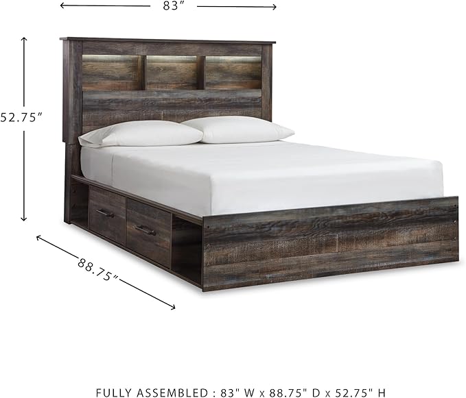Signature Design by Ashley Drystan Rustic Queen Bookcase Bed with 2 Storage Drawers, Open Cubbies and LED Light, Foundation or Box Spring Not Needed, Dark Brown & Gray