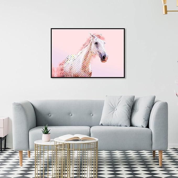 Country Farmhouse Canvas Print Painting Animal Wall Art 'Pink Glam Horse' Black Framed Canvas Rustic Home Décor 30x20 in Pink, White by Oliver Gal