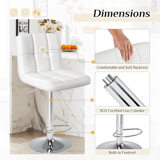 DUMOS Bar Stools Set of 4, 24 inch Counter Height Bar Stools, Upholstered Modern Kitchen Barstools with Metal Base, PU Leather Saddle Stools for Kitchen Island, Snowy White