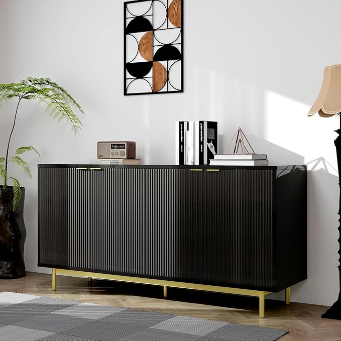 MUUEGM Sideboard Buffet Cabinet with Storage, 58" Large Kitchen Storage Cabinet with Shelves and 4 Fluted Doors, Modern Console Table for Kitchen, Dining Room, Hallway(Black)