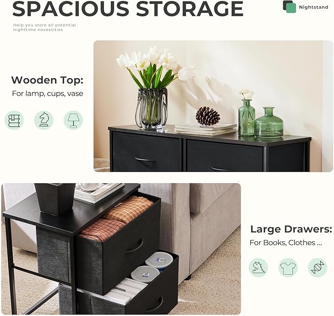 NEWBULIG Nightstand with 2 Fabric Drawers, 25 Inch Tall Small Dresser, Bedside Table with Storage for Bedroom, Closet, Entryway, Dorm, 2 Pack with Sturdy Frame and Compact Design, Black02