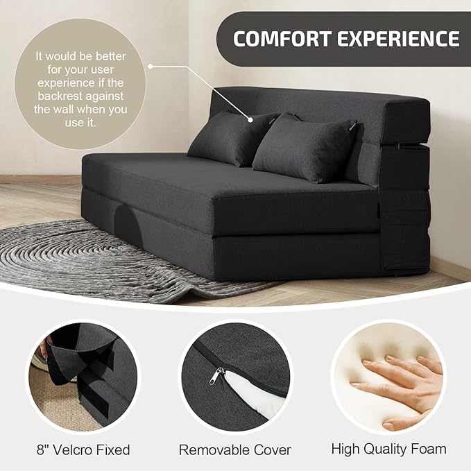 SUYOLS Folding Sofa Bed with Pillows- Convertible Chair Floor Couch & Sleeping Mattress, Foldable Memory Foam Sleeper for Living Room/Dorm/Guest Room/Home Office/Apartment/Loft, Queen, Dark Gray