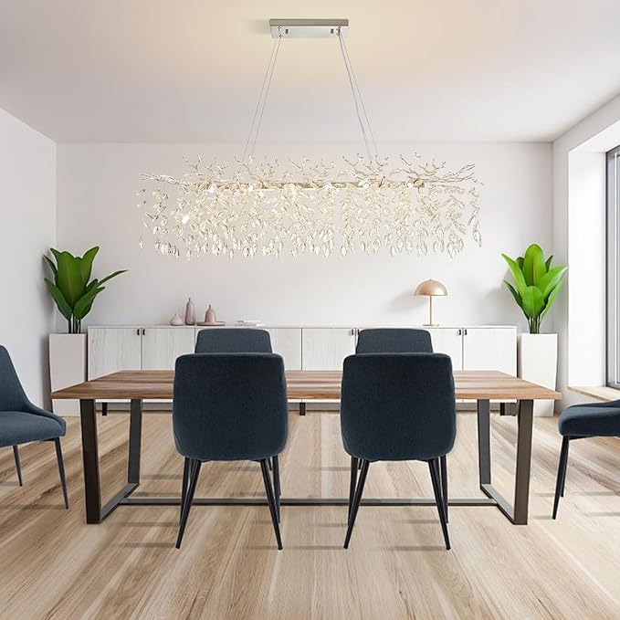 14 Light Modern Tree Branch Chandelier, 47.3" Chrome Rectangular Raindrop Chandelier for Dining Room, Foyer, Kitchen Island Contemporary K9 Crystal Pendant Light Fixture