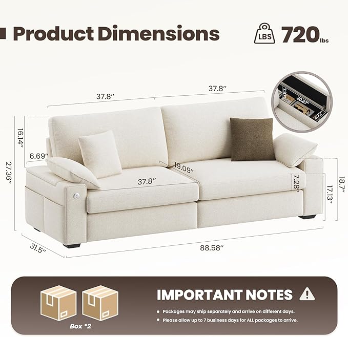 MALOL 89" Loveseat Sofa with 4 Pillows and Storage Armrest, Modular Modern 3-Seat Sofa, with USB Type C Ports, Midcentury Mondern Love Seat for Home Living Room, Beige