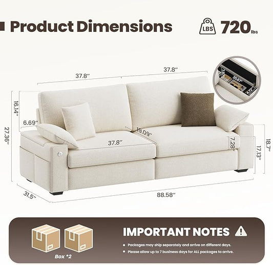 MALOL 89" Loveseat Sofa with 4 Pillows and Storage Armrest, Modular Modern 3-Seat Sofa, with USB Type C Ports, Midcentury Mondern Love Seat for Home Living Room, Beige