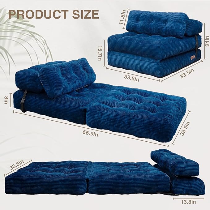 Folding Sofa Bed, Folding Chair Bed with Pillow, Convertible Lazy Sofa Bed with High-Density Support Foam, Fold Out Chair for Small Spaces Living Room Bedroom, Navy Blue