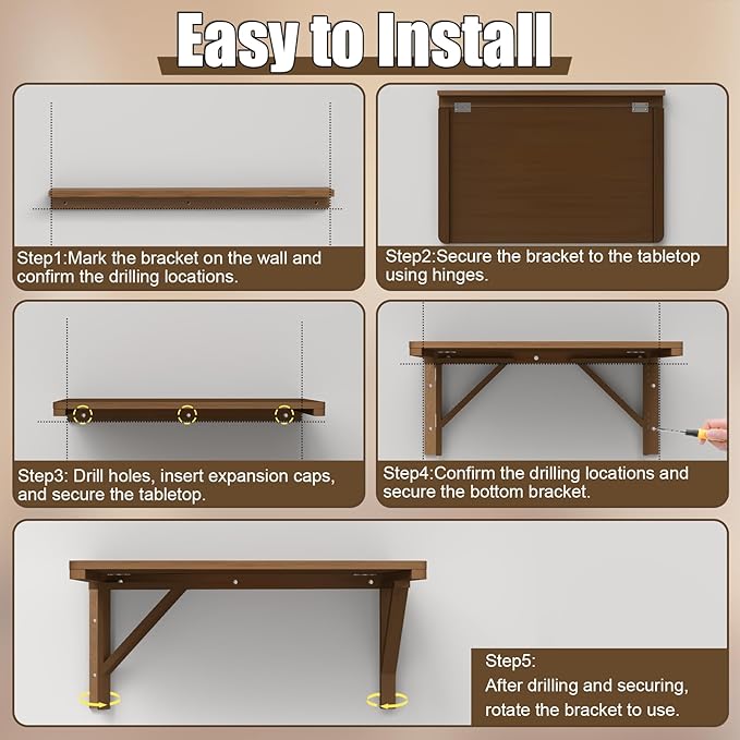 MM MELISEN Floating Desk - 30x20 Inch, Walnut Finish Wall-Mounted Desk for Home Office or Bedroom Work. Solid Wood Drop-Leaf Design. Folds up neatly for Small Space Living
