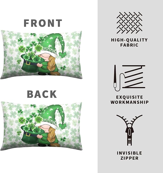 St Patricks Day Gnomes Lumbar Pillow Covers 12x20 Set of 2 Green Lucky Shamrock Decorative Pillow Cover St. Patrick's Clovers Bow Hat Cushion Cases Spring Rustic Outdoor Pillowcase for Couch Sofa