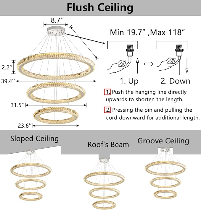 3 Rings Modern LED Chandelier Crystal Dimmable Large Foyer Chanderliers Entryway High Ceiling for Staircase Pendant Lights for Living Room Silver Light