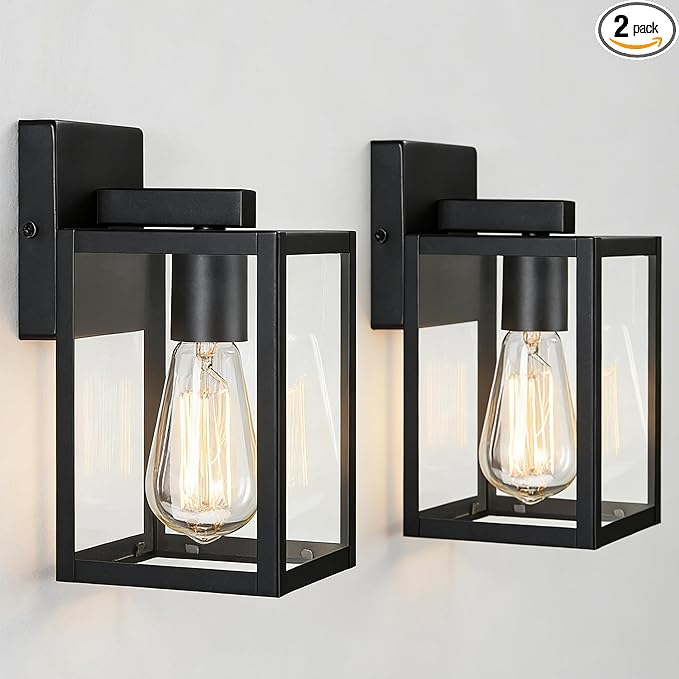 2 Pack Small Outdoor Sconce Lights,9 Inch Outdoor Wall Lantern Light,Exterior Sconce Metal and Glass Small Porch Light, Black Outdoor Lanterns for Front Porch Garage Balcony