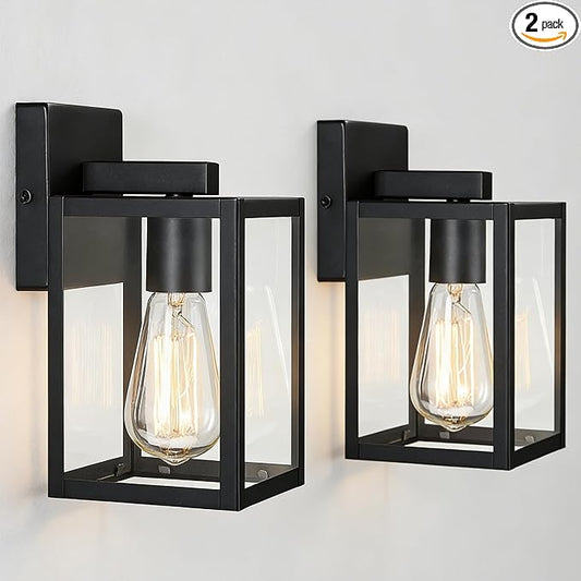 2 Pack Small Outdoor Sconce Lights,9 Inch Outdoor Wall Lantern Light,Exterior Sconce Metal and Glass Small Porch Light, Black Outdoor Lanterns for Front Porch Garage Balcony