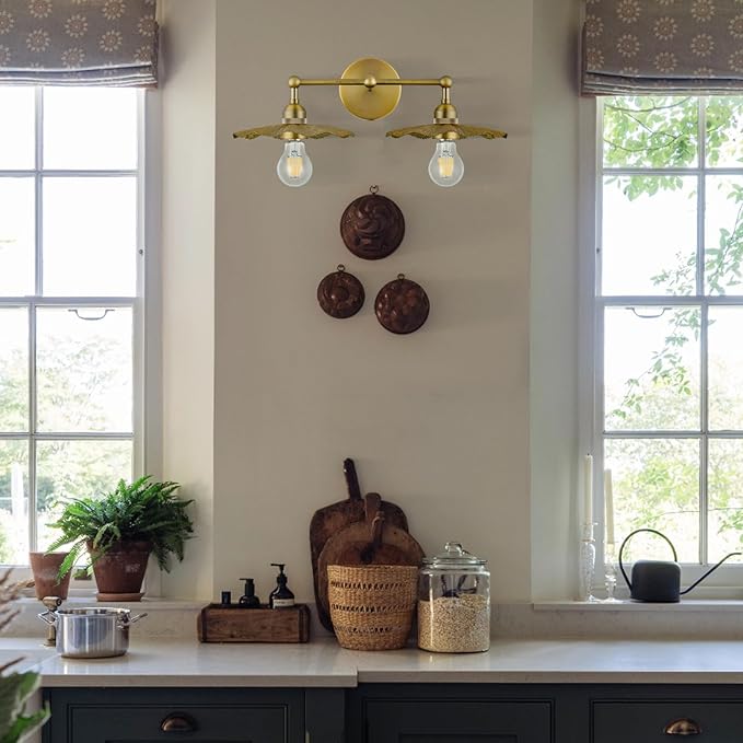 PASSICA DECOR Hardwired 2 Head Wall Sconce Indoor Wall Light Antique Brass 2-Lights with Flower Shade Wall Lighting Fixture for Bathroom Vanity Kitchen Sink Bedrroom Living Room Farmhouse…