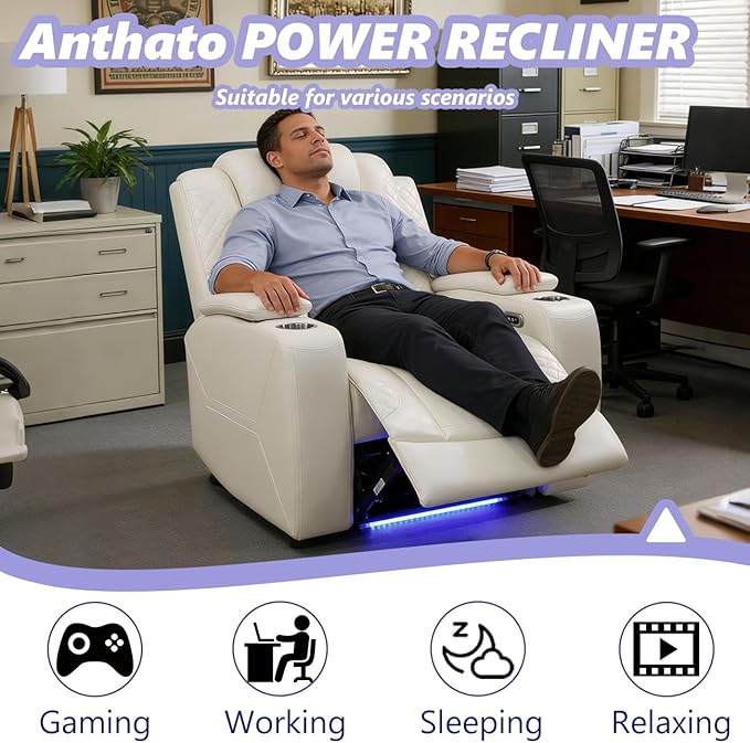 Power Theater Recliner Chair, Cream White Leather Reclining Sofa Couch Chair, Modern Comfy Recliner with Arm Storage/Cup Holder/USB Port for Living Room Furniture, Office, Home Theater