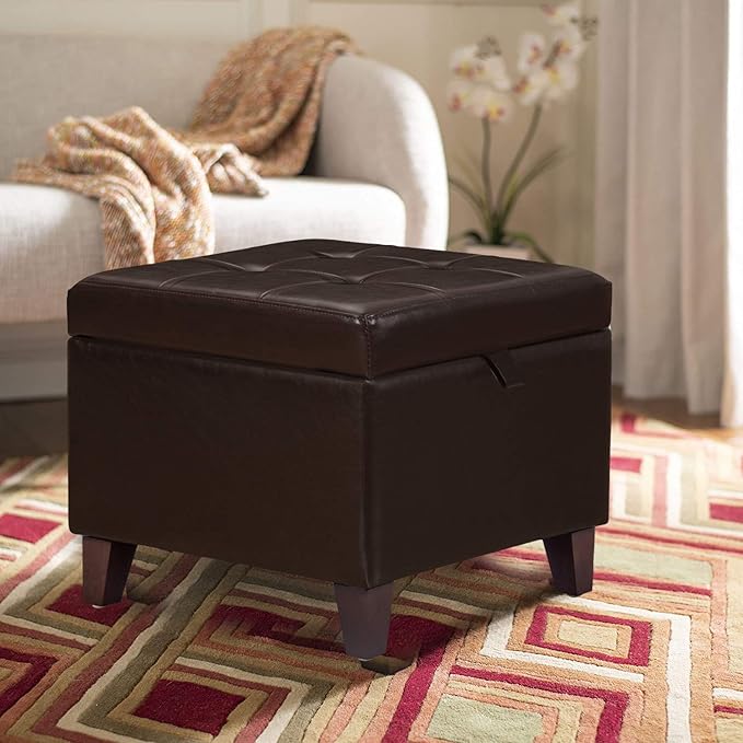 Adeco 18-inch Square Storage Ottoman, Modern Faux Leather Tufted Footrest Stool with Flip Top, Upholstered Accent Bench for Living Room & Bedroom, Chocolate Brown